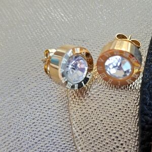 Gold Color Roman Numeral CZ Earrings, New, No Tag